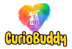Logo of website Curiobuddy for curious, creative and confident kids that embark on a journey of reading, learning and exploration. VIBGYOR heart having a white silhouette of a young girl looking into a telescope. A safe and secure platform for primary school to middle school students for collaborative learning that reinforces classroom knowledge.